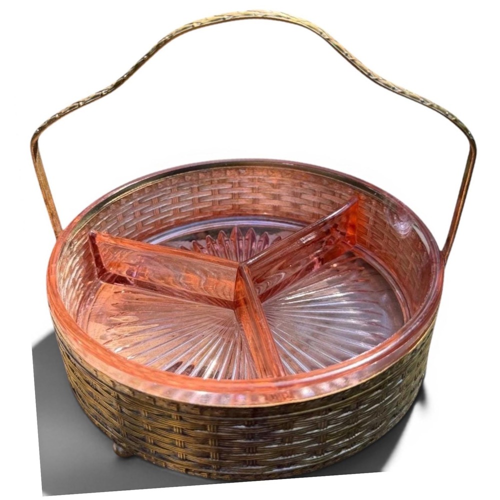 Vintage Jeannette Pink Depression Glass Relish Dish Woven Metal Basket Caddy